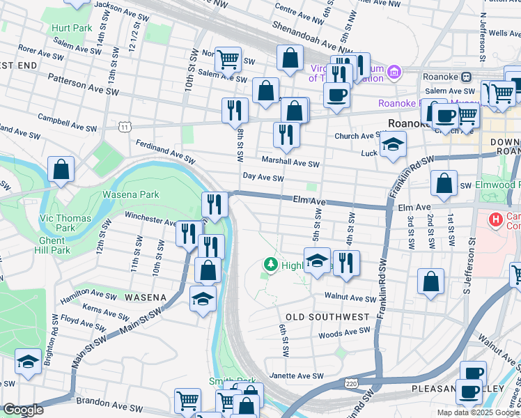map of restaurants, bars, coffee shops, grocery stores, and more near 625 Mountain Avenue Southwest in Roanoke