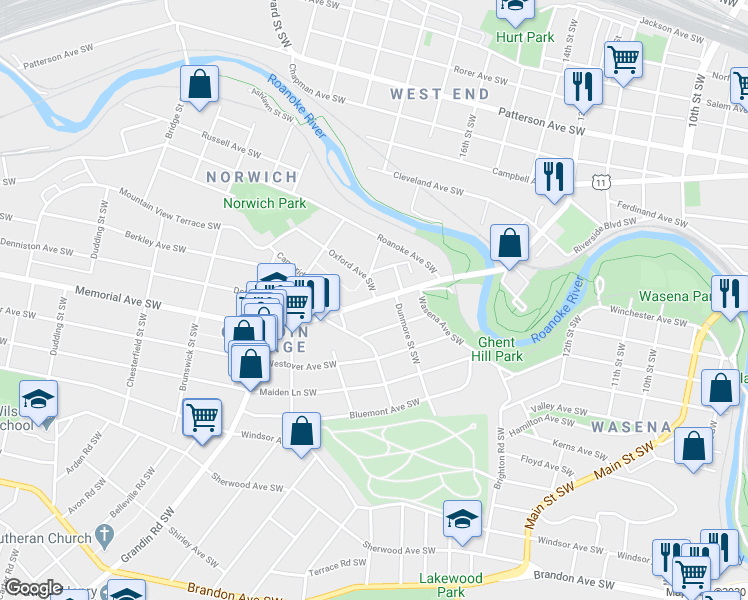 map of restaurants, bars, coffee shops, grocery stores, and more near 1701 Route 11 in Roanoke