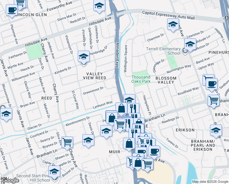map of restaurants, bars, coffee shops, grocery stores, and more near 1109 Lynhurst Way in San Jose