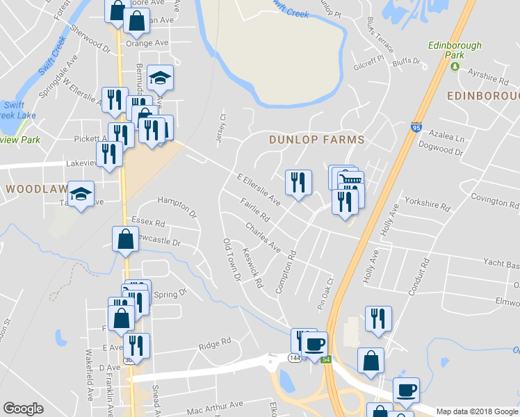 map of restaurants, bars, coffee shops, grocery stores, and more near 622 Fairlie Road in Colonial Heights