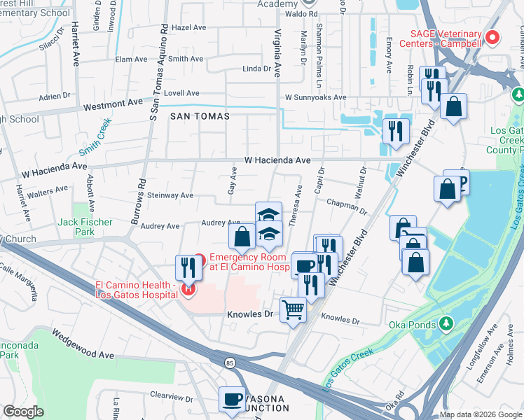 map of restaurants, bars, coffee shops, grocery stores, and more near 1377 Virginia Avenue in Campbell