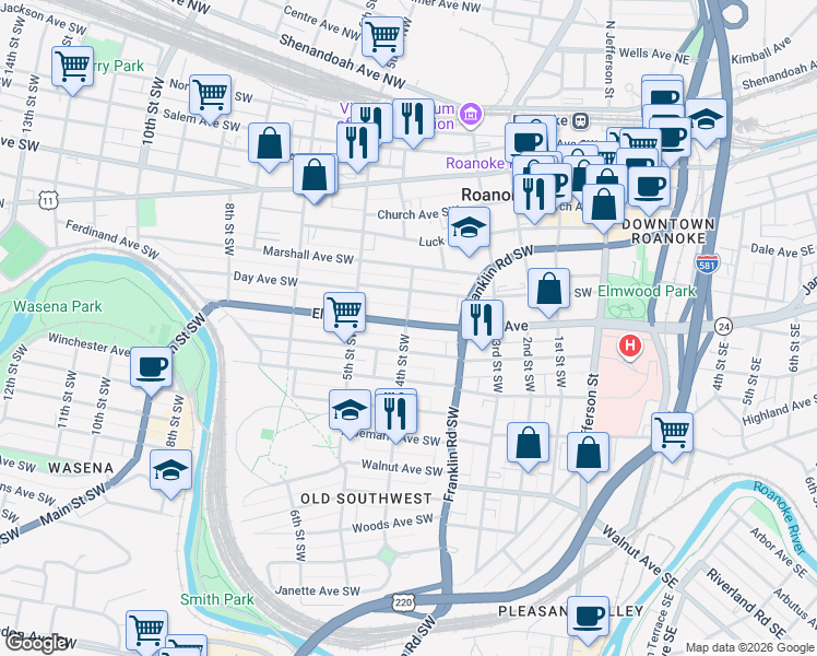 map of restaurants, bars, coffee shops, grocery stores, and more near 378 Elm Avenue in Roanoke