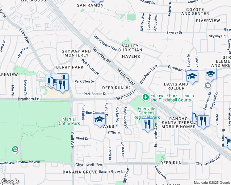 map of restaurants, bars, coffee shops, grocery stores, and more near 82 Park Sharon Drive in San Jose