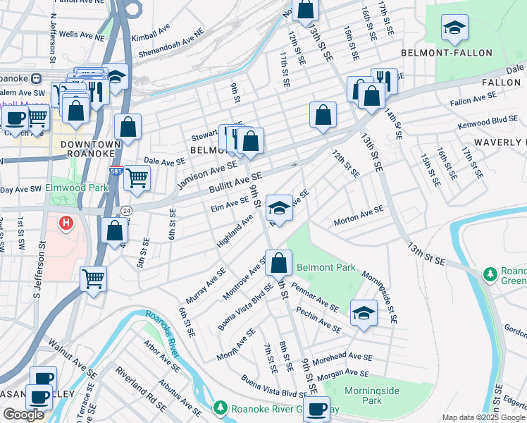 map of restaurants, bars, coffee shops, grocery stores, and more near 901 Highland Avenue Southeast in Roanoke
