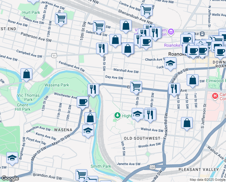 map of restaurants, bars, coffee shops, grocery stores, and more near 625 Mountain Avenue Southwest in Roanoke