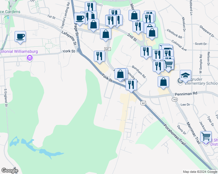 map of restaurants, bars, coffee shops, grocery stores, and more near 207 Powhatan Street in Williamsburg