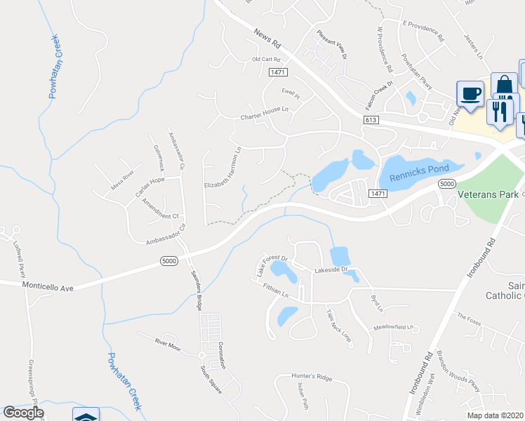 map of restaurants, bars, coffee shops, grocery stores, and more near 4198 Monticello Avenue in Williamsburg