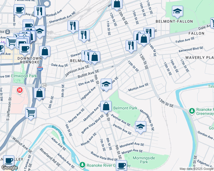 map of restaurants, bars, coffee shops, grocery stores, and more near 930 Murray Avenue Southeast in Roanoke