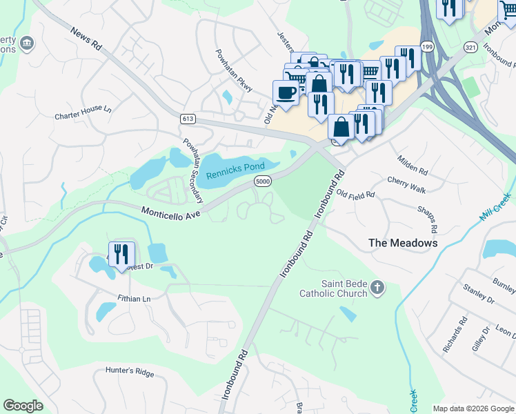 map of restaurants, bars, coffee shops, grocery stores, and more near 3700 West Steeplechase Way in Williamsburg