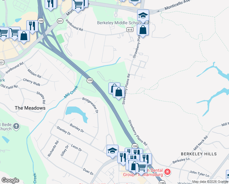 map of restaurants, bars, coffee shops, grocery stores, and more near 3821 Staffordshire Lane in Williamsburg