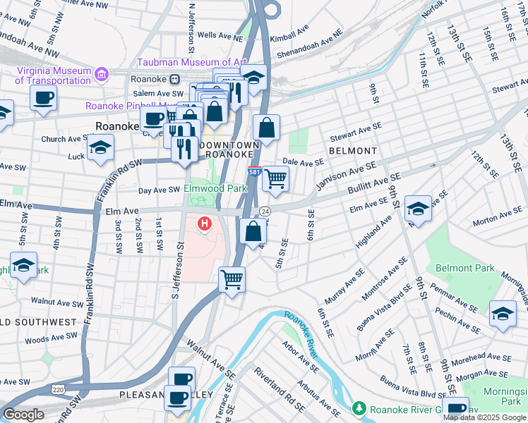 map of restaurants, bars, coffee shops, grocery stores, and more near 361 Elm Avenue in Roanoke