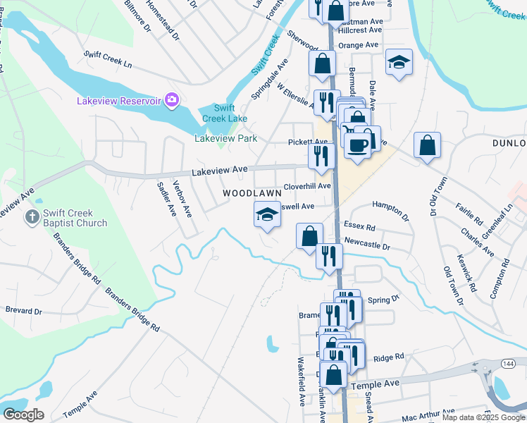 map of restaurants, bars, coffee shops, grocery stores, and more near 409 Taswell Avenue in Colonial Heights