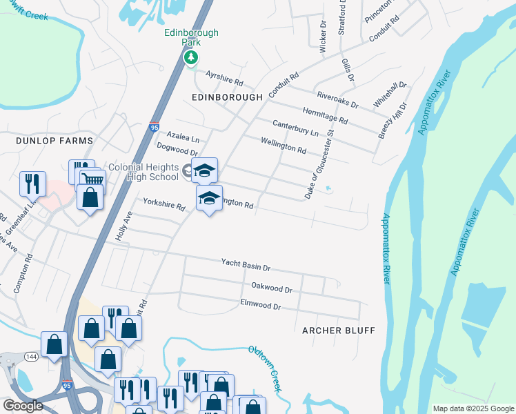map of restaurants, bars, coffee shops, grocery stores, and more near 1200 Covington Road in Colonial Heights