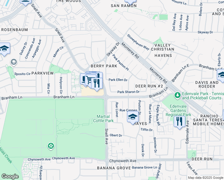 map of restaurants, bars, coffee shops, grocery stores, and more near 131 Park Watson Place in San Jose