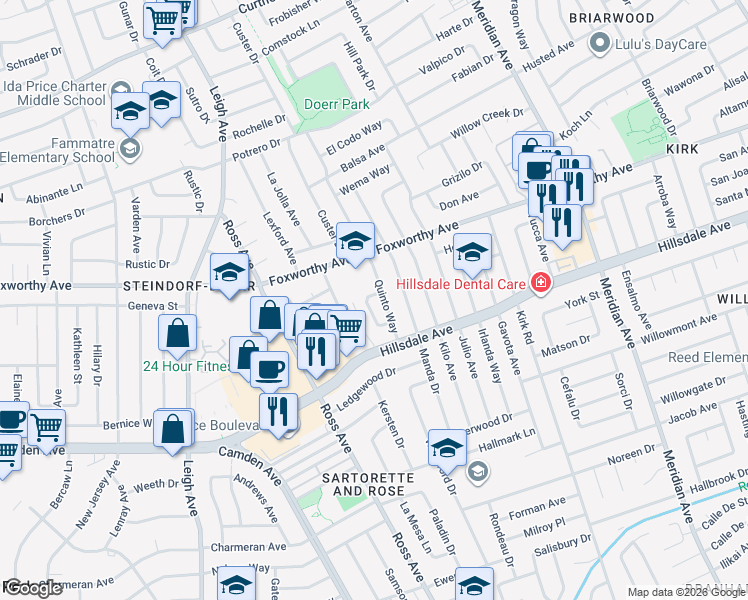 map of restaurants, bars, coffee shops, grocery stores, and more near 3100 Quinto Way in San Jose
