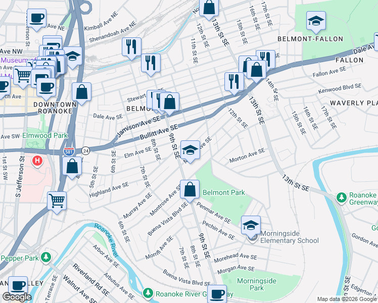 map of restaurants, bars, coffee shops, grocery stores, and more near 916 Highland Avenue Southeast in Roanoke