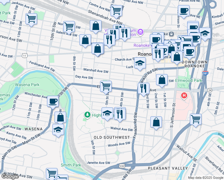 map of restaurants, bars, coffee shops, grocery stores, and more near 431 Elm Avenue in Roanoke