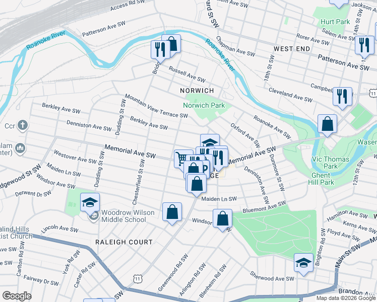 map of restaurants, bars, coffee shops, grocery stores, and more near 2044 Berkley Avenue Southwest in Roanoke