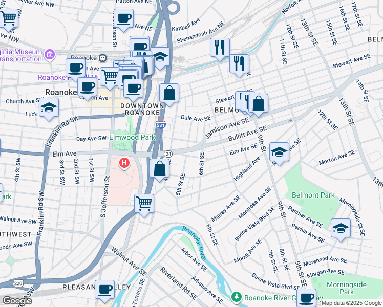 map of restaurants, bars, coffee shops, grocery stores, and more near 506 Elm Avenue Southeast in Roanoke