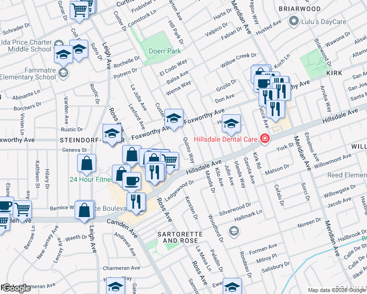 map of restaurants, bars, coffee shops, grocery stores, and more near 3100 Quinto Way in San Jose