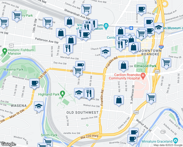 map of restaurants, bars, coffee shops, grocery stores, and more near 806 4th Street Southwest in Roanoke