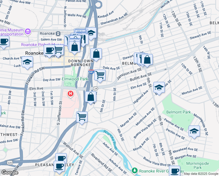 map of restaurants, bars, coffee shops, grocery stores, and more near 506 Elm Avenue Southeast in Roanoke