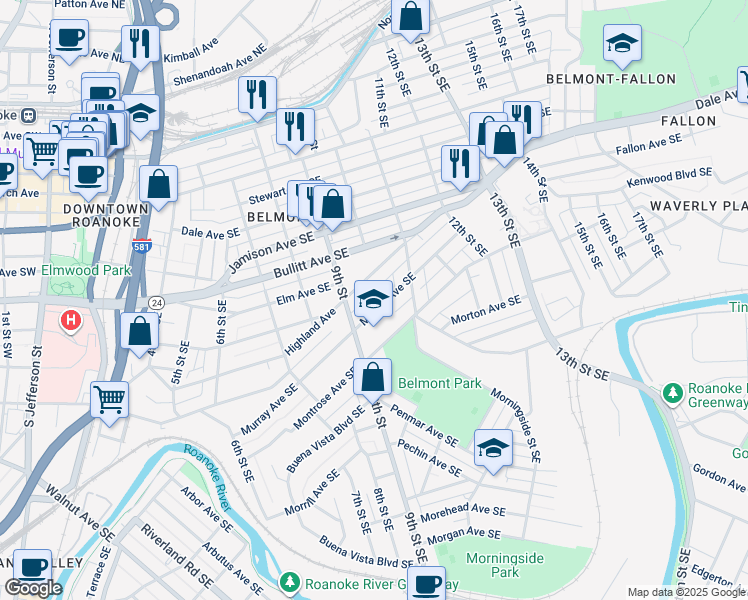 map of restaurants, bars, coffee shops, grocery stores, and more near 930 Murray Avenue Southeast in Roanoke