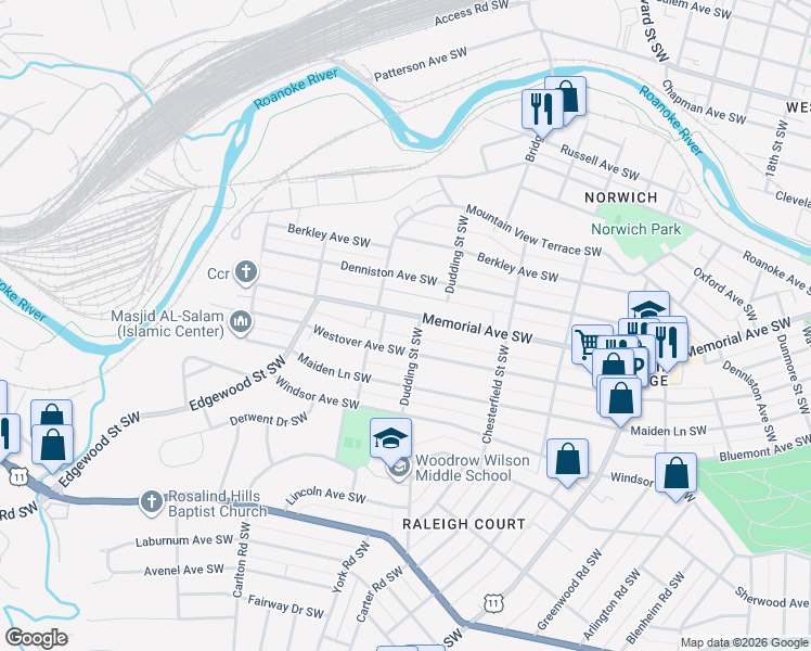 map of restaurants, bars, coffee shops, grocery stores, and more near 2333 Memorial Avenue Southwest in Roanoke