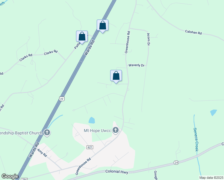 map of restaurants, bars, coffee shops, grocery stores, and more near 797 Greenhouse Road in Rustburg