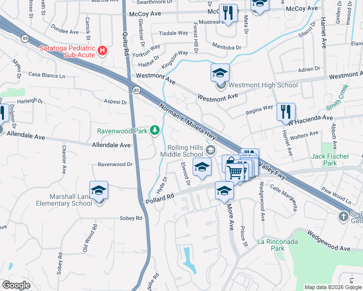 map of restaurants, bars, coffee shops, grocery stores, and more near 1410 Elwood Drive in Los Gatos