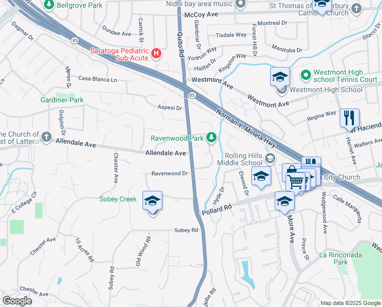 map of restaurants, bars, coffee shops, grocery stores, and more near Quito Road & Allendale Avenue in Saratoga