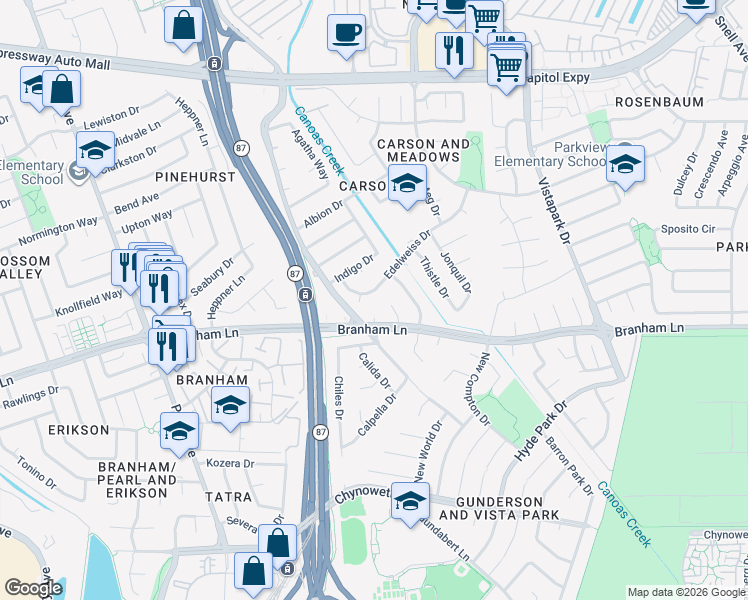 map of restaurants, bars, coffee shops, grocery stores, and more near 4380 Indigo Drive in San Jose