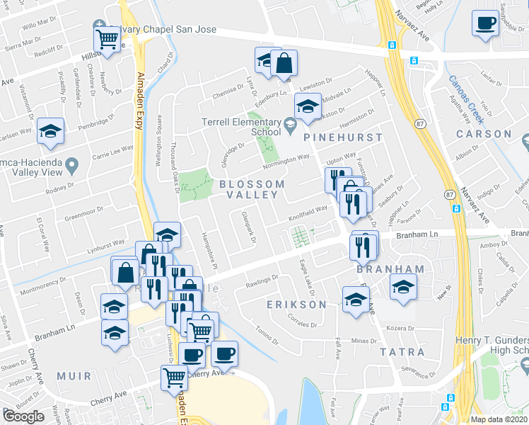 map of restaurants, bars, coffee shops, grocery stores, and more near 4296 Beechmont Avenue in San Jose