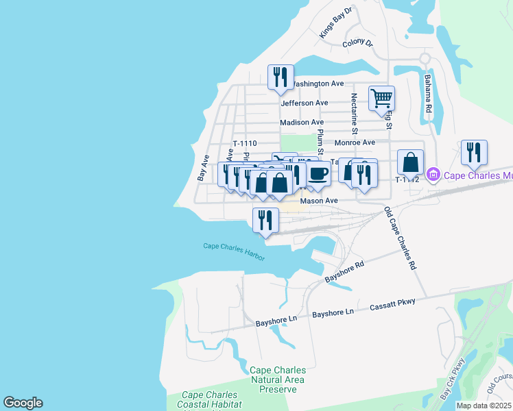 map of restaurants, bars, coffee shops, grocery stores, and more near 227 Mason Avenue in Cape Charles