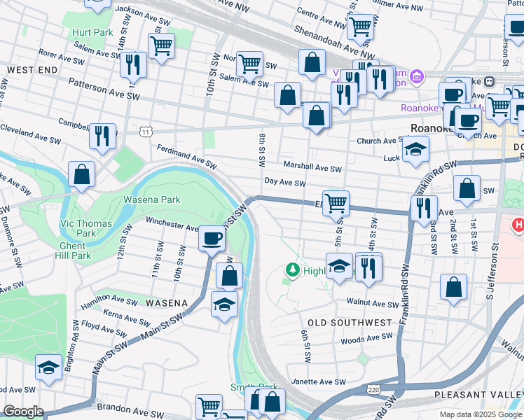 map of restaurants, bars, coffee shops, grocery stores, and more near 805 U.S. 221 in Roanoke