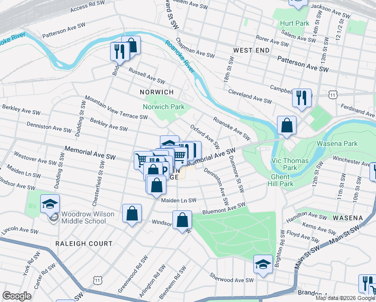 map of restaurants, bars, coffee shops, grocery stores, and more near 1908 Cambridge Avenue Southwest in Roanoke