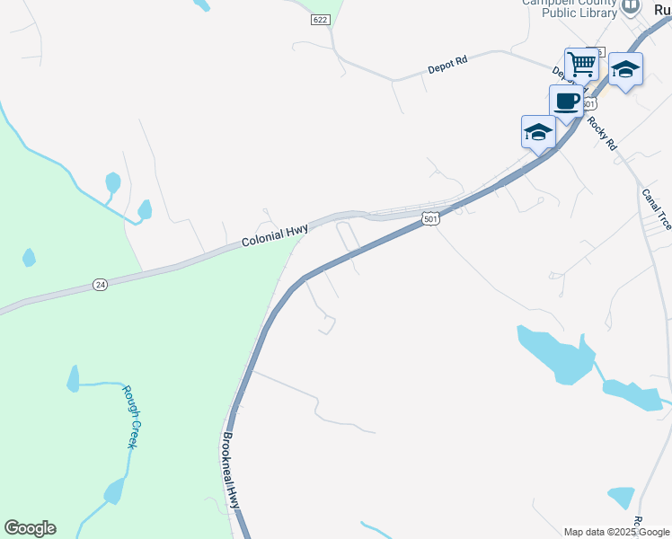 map of restaurants, bars, coffee shops, grocery stores, and more near 352 Brookneal Highway in Rustburg