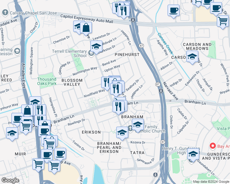 map of restaurants, bars, coffee shops, grocery stores, and more near 4327 Wessex Drive in San Jose