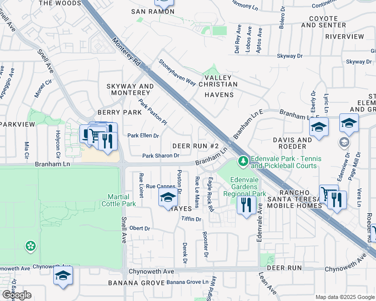 map of restaurants, bars, coffee shops, grocery stores, and more near 79 Park Sharon Drive in San Jose