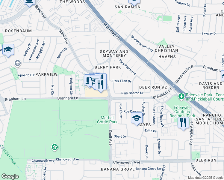 map of restaurants, bars, coffee shops, grocery stores, and more near 180 Park Sharon Drive in San Jose