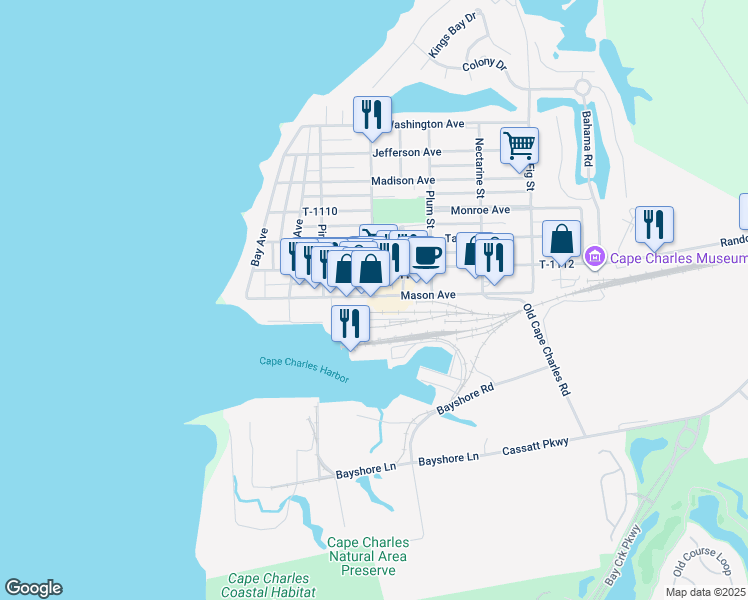 map of restaurants, bars, coffee shops, grocery stores, and more near 300 Mason Avenue in Cape Charles