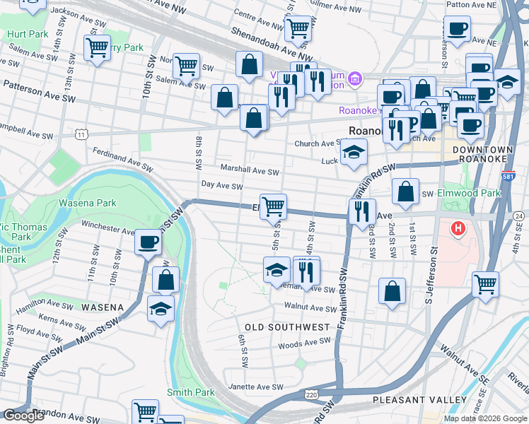 map of restaurants, bars, coffee shops, grocery stores, and more near 521 Elm Avenue in Roanoke