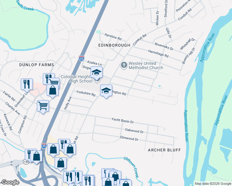 map of restaurants, bars, coffee shops, grocery stores, and more near 1104 Covington Road in Colonial Heights