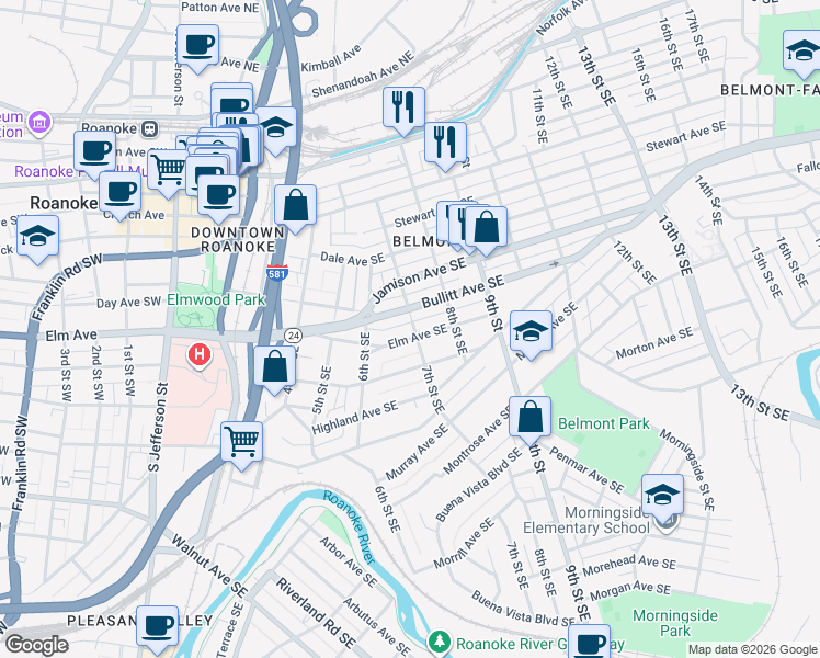 map of restaurants, bars, coffee shops, grocery stores, and more near 615 Virginia 24 in Roanoke
