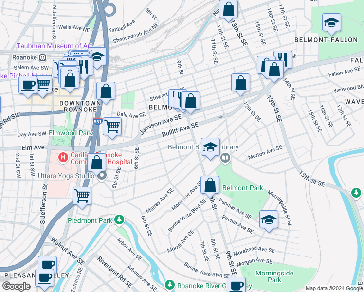 map of restaurants, bars, coffee shops, grocery stores, and more near 805 Elm Avenue Southeast in Roanoke