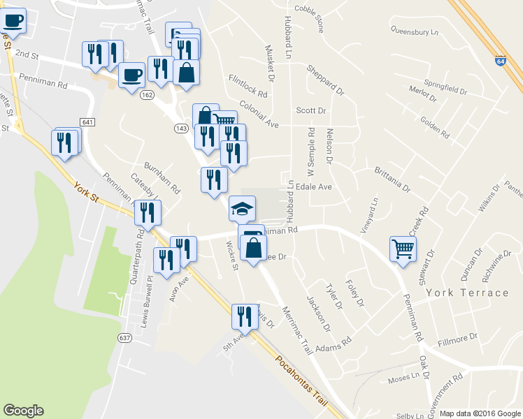 map of restaurants, bars, coffee shops, grocery stores, and more near 700 Penniman Road in Williamsburg
