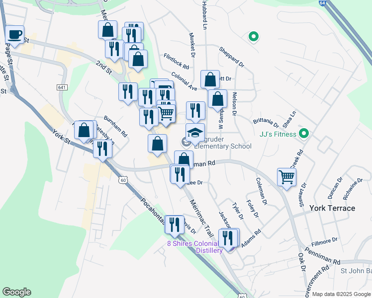 map of restaurants, bars, coffee shops, grocery stores, and more near 700 Penniman Road in Williamsburg