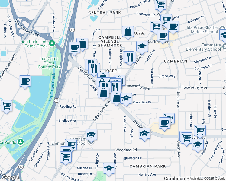 map of restaurants, bars, coffee shops, grocery stores, and more near in San Jose