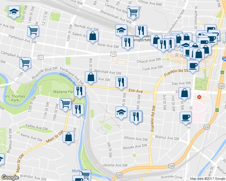 map of restaurants, bars, coffee shops, grocery stores, and more near 536 Elm Ave SW in Roanoke
