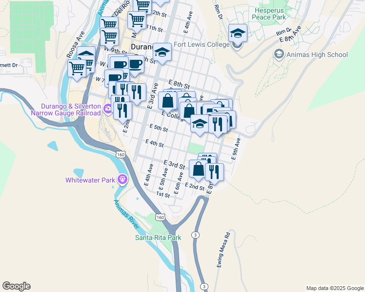 map of restaurants, bars, coffee shops, grocery stores, and more near 473 East 6th Avenue in Durango